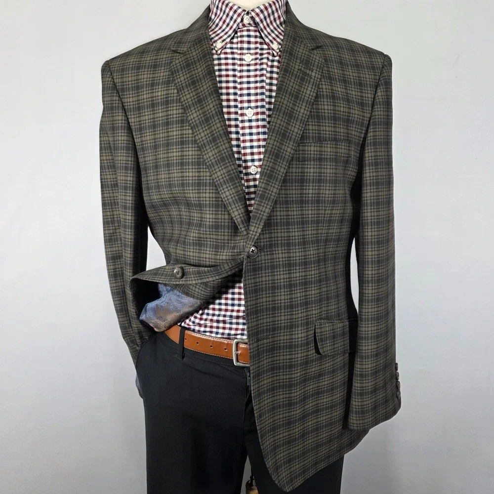 Haggar Men's Sport Coat Blazer Two Button Brown Checked‎ polyester LARGE